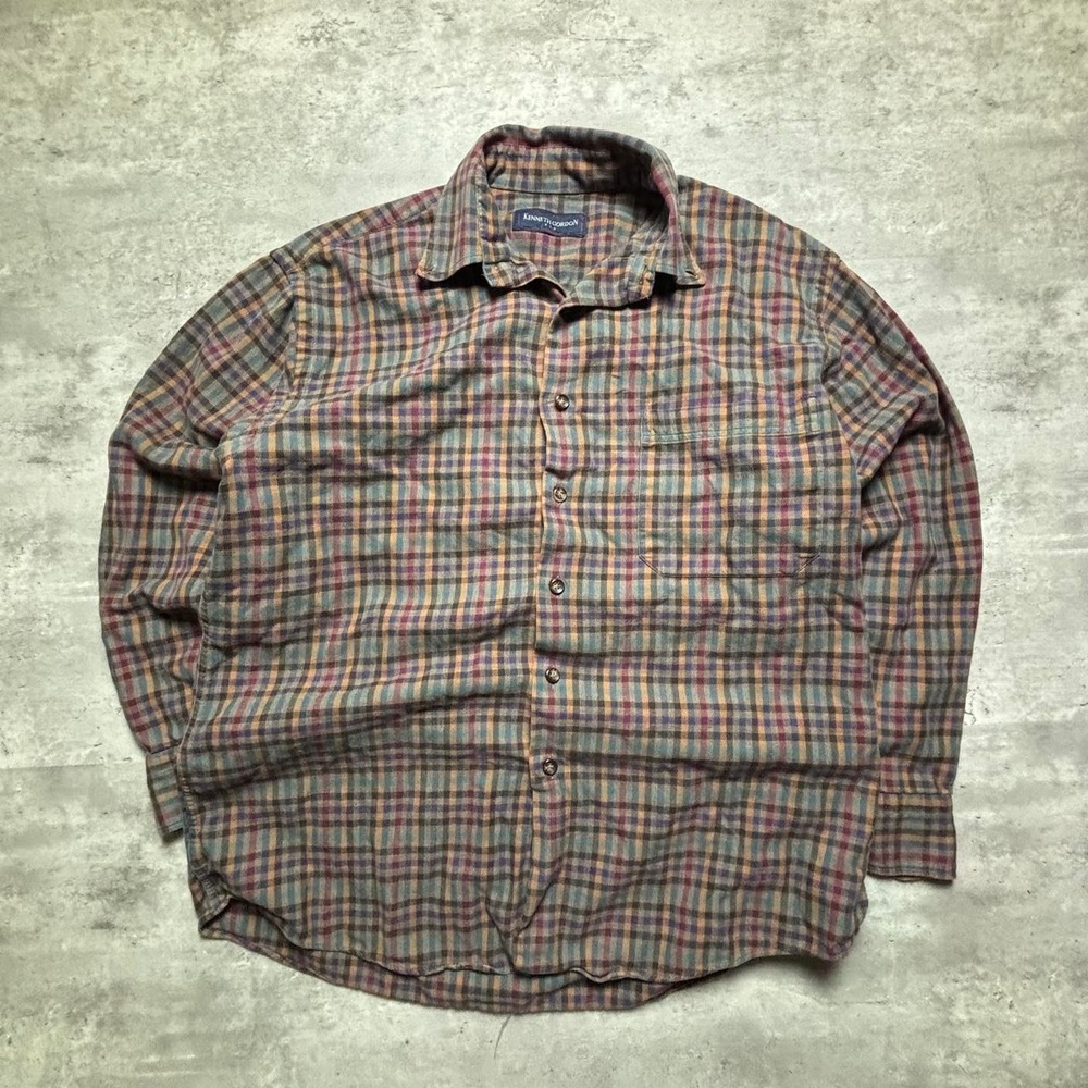 Kenneth Gordon Flannel Shirt Mens L Multi Plaid Excellent Button Down Plaid